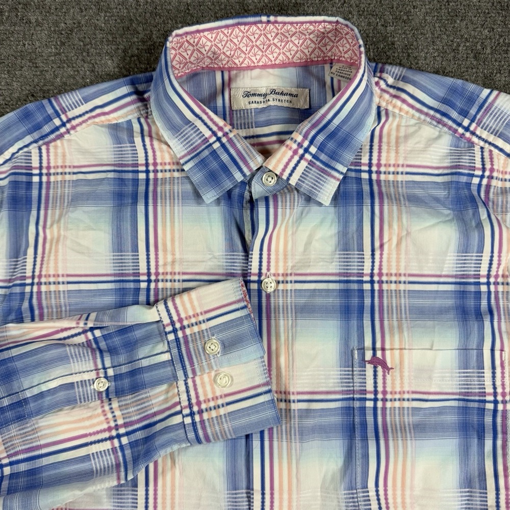 Tommy Bahama‎ Sarasota Stretch Shirt Mens Large Plaid Button Up Coolmax